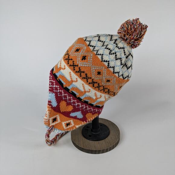 Winter Teen Chullo Hat Sweater Print Reindeer Deer Orange Plaid Red Blue Winter - Picture 7 of 7